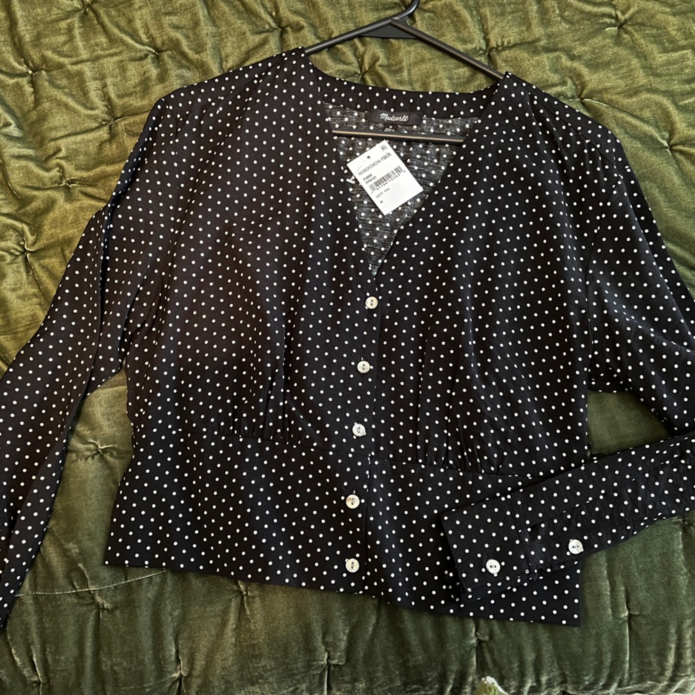 Madewell button up blouse, polka dot black and white MEDIUM